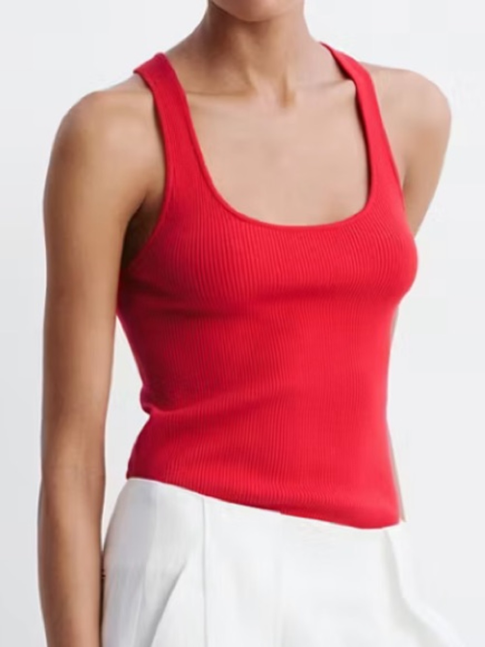 Mango Bright Red Ribbed Scoop-Neck Tank FITTED RIBBED TOP 2529